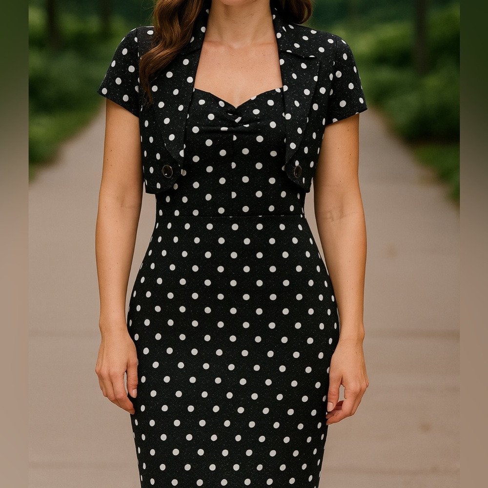 Fitted WHBM black dress with white polka dots and red accents, matching bolero - Picture 1 of 6